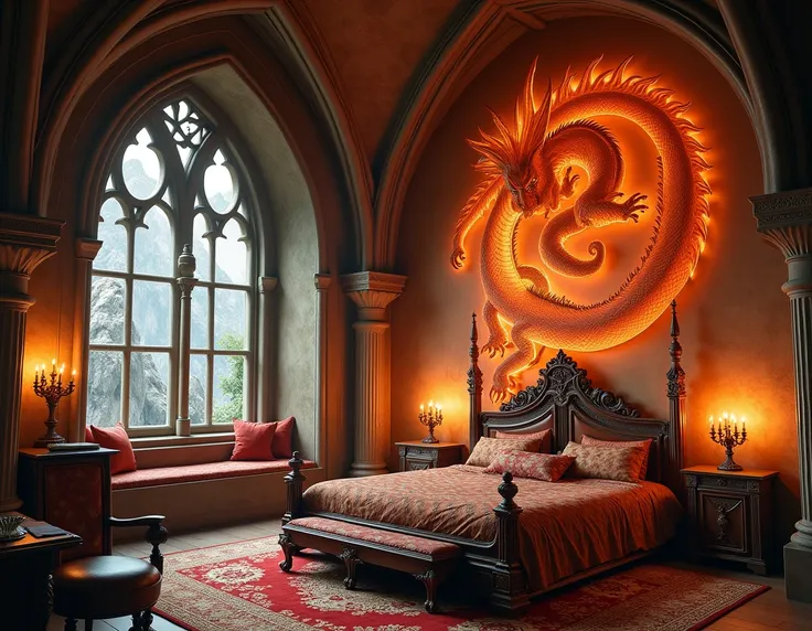 epic medieval bedroom , with orange dragon paint
