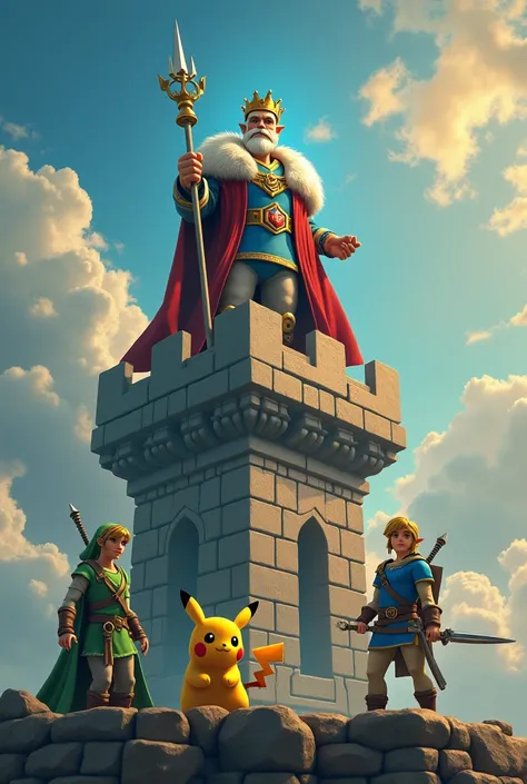 The king of Clash Royale in a tower and Pikachu next to the tower and Zelda from video games 