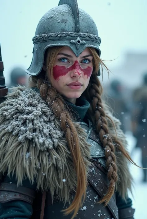 a fierce snow-covered warrior woman, braided hair, metal helmet and armor, battle scars, red war paint on face, intense determined expression, cold snowy atmosphere, blurred warriors in background, battlefield setting, photorealistic, masterpiece, cinemati...