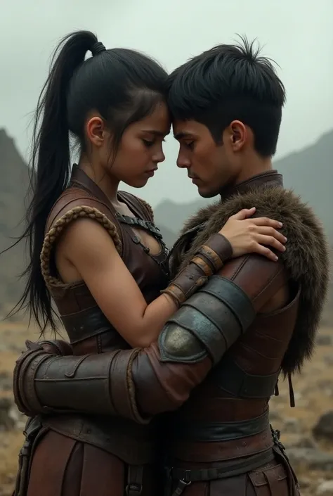 A warrior girl wearing black armor with black hair and a leather ponytail hugging her warrior brother at the age of fifteen, wearing leather armor. 