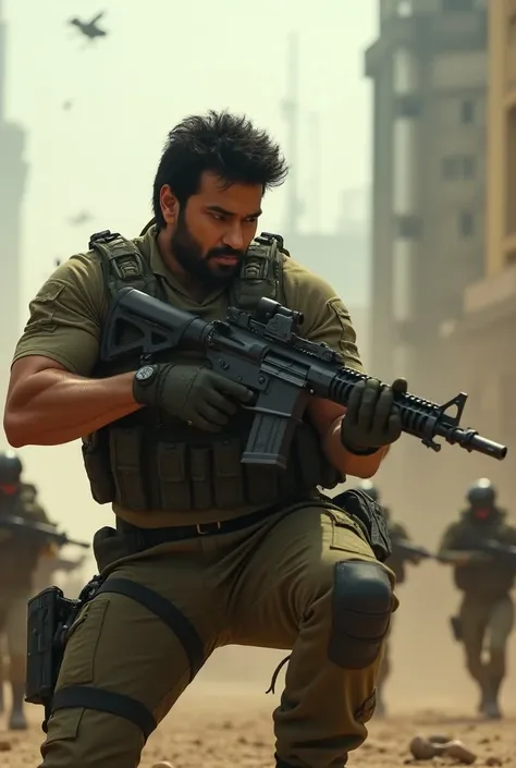 Generate hyper realistic image of Prabhas with fully armed human military fighting with aliens army 