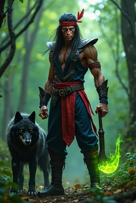  full-length image  ,  mortal combat  ,Indian  ,  on his forehead  ,  standing in a fighting stance in the green forest  ,  black hair to shoulders ,  a red bandage  , feathers  ,  in his hand a hatchet glowing with green waves {x} dark blue with red patte...