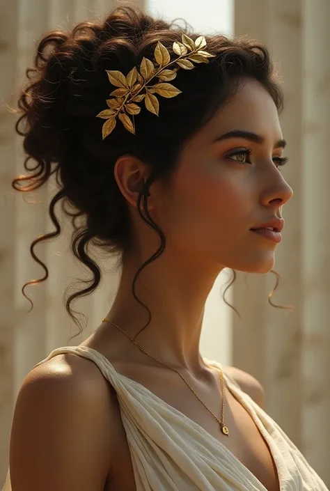 Greek goddess updo with a golden leaf headband for curly hair