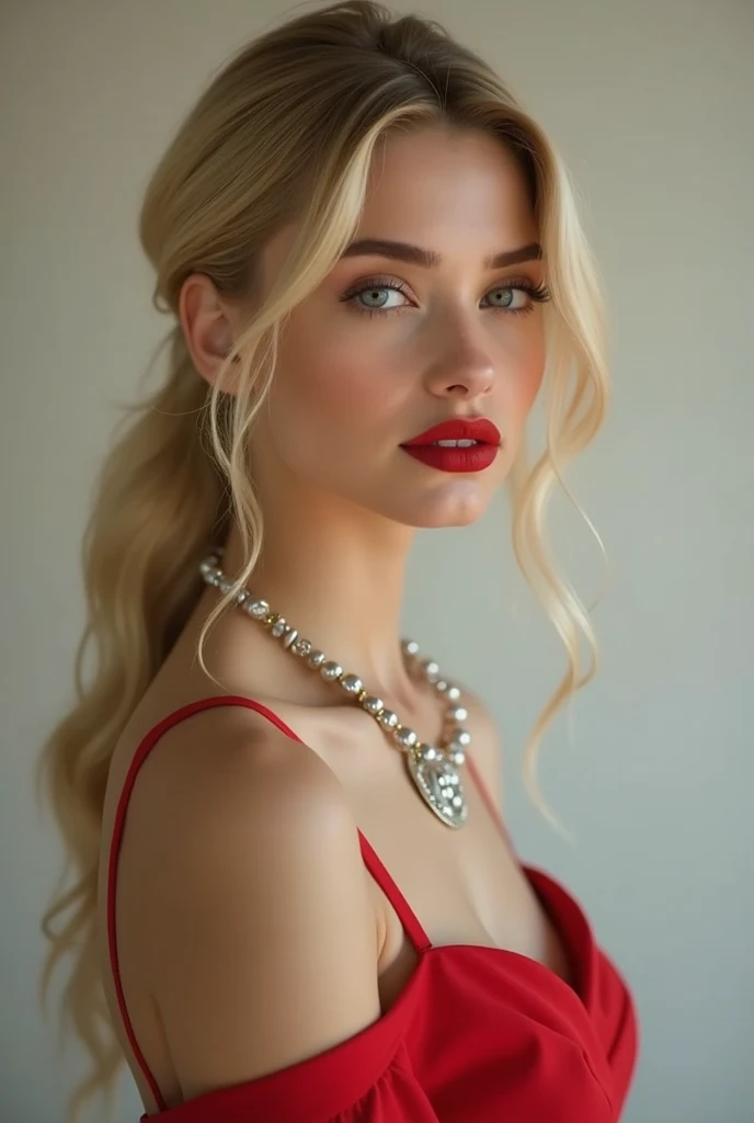  young blond woman, rouge brillant, silver nails , collier,  elegant dress , visage   