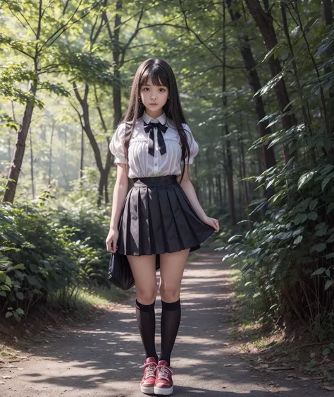 Full body, Mean beautiful young schoolgirl , beautiful teen face, short black silk skater pinafore, a teen girl wearing in a short black silk pleated pinafore, silk pleated skirt, wearing in a white blouse, with short puffy sleeves, puffy sleeves. red silk...