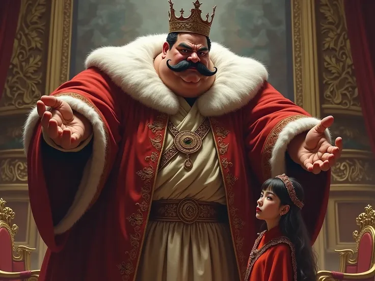  A fat king with a moustache dressed in red visibly angry in front of a young woman with brown hair