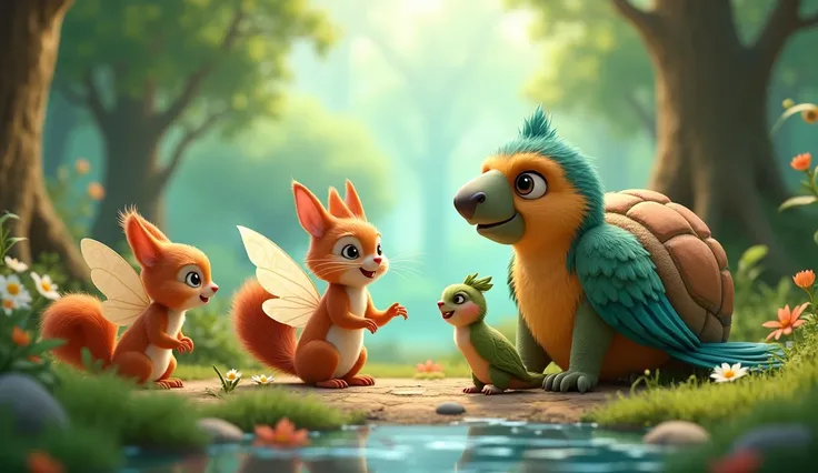 Ultra hd 3d "The fairy and squirrel meeting a wise turtle and a playful parrot, all engaged in cheerful conversation."