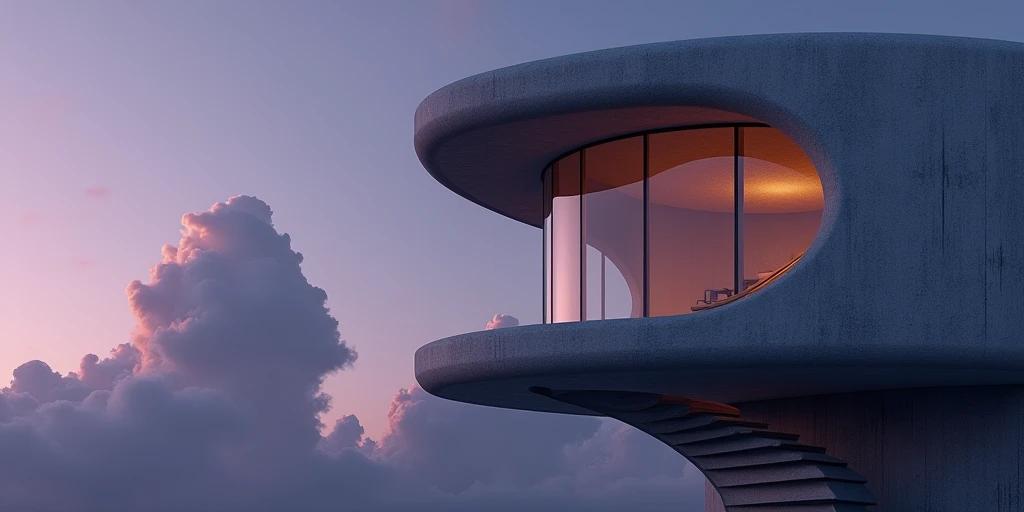 A modern architectural masterpiece of a sleek, curved concrete structure with a striking window. The window reflects the gloomy skies above, with clouds of varying shapes and sizes. A solitary gray cloud lingers in the distance. The spiral staircase serves...