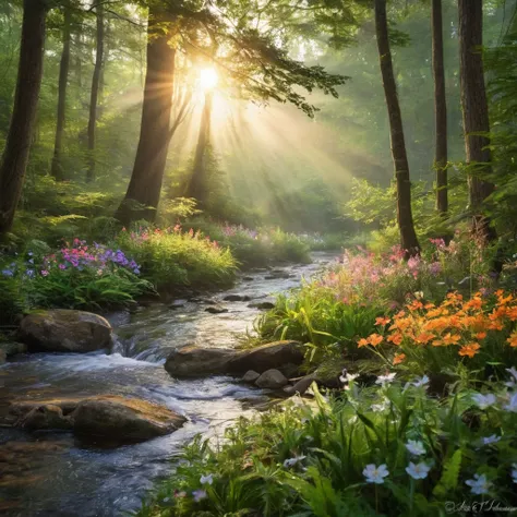 Create a stunning and whimsical image of a serene forest at dawn, where sunlight filters through the trees, casting a magical glow on the vibrant flowers. Include a gentle stream with sparkling water, and add enchanting elements like glowing fireflies and ...