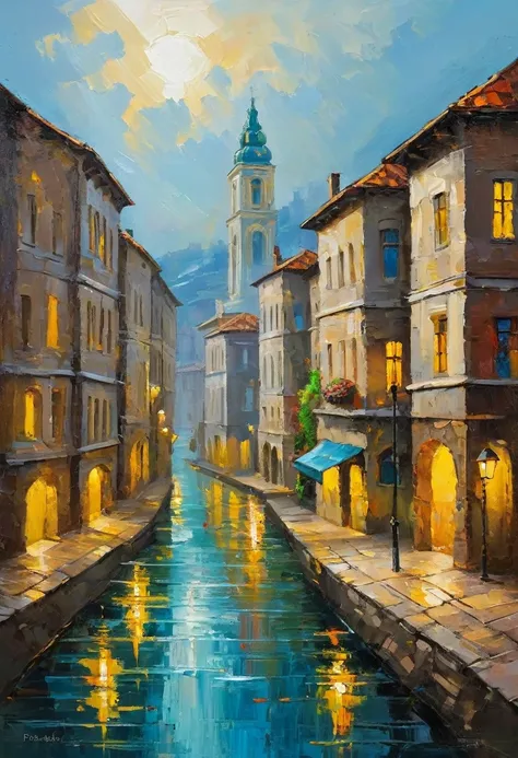 Beautiful city,  oil on canvas , very marked brushstrokes  , digital painting,  relief in the brushstrokes , no details, all with reliefs  