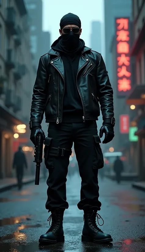 A man in a black leather jacket, black leather cargo pants, black leather combat boots, black leather gloves, sunglasses, black bandana headband, gun, highly detailed, cinematic lighting, dark and moody atmosphere, gritty urban setting, 8K, hyperrealistic,...