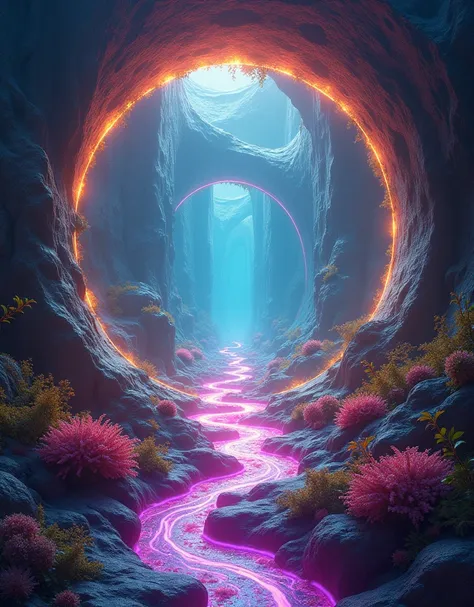 (Portal to Another Dimension),  Dimensional Rift ,  Illusory Scenery , Glowing Fissures , rainbow flame,  Strange Plants ,  Infinite Loops ,  Distortions in Time and Space, Mysterious Landscape