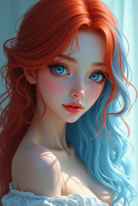  A girl with red locks and light blue hair,eyes as blue as the sky, ruby eyes 