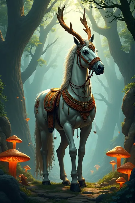 Mystical Forest Shaman: Picture a centaur with tribal markings and accessories, standing in a mystical forest, acting as a guardian and healer of the woodland realm.