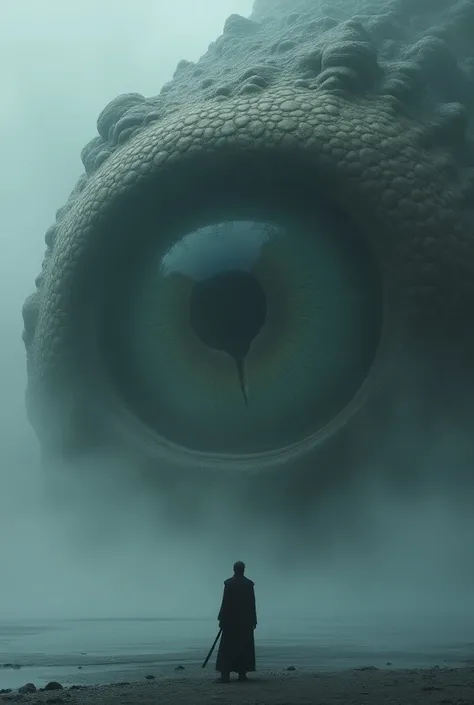 a striking and surreal scene that combines elements of both the natural world and fantasy. Dominating the composition is a massive, reptilian eye, filling almost the entire frame. The eye is highly detailed, with a slit-like pupil that suggests it belongs ...