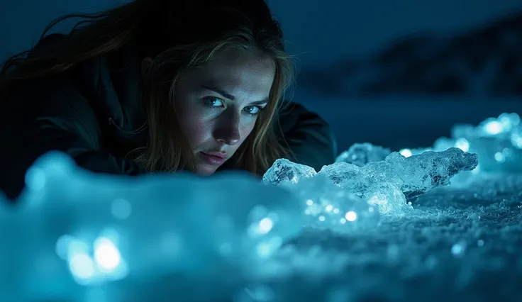 Prompt: A researcher under dim light outside at night, peering intensely at the ice. Ultra-high-definition, realistic, cinematic shadows with dramatic lighting.
