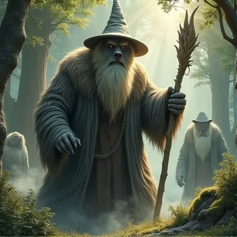 Gandalf the gray as a bear, with his staff, a cloak and a hat, in the magical woods filled with Ents.