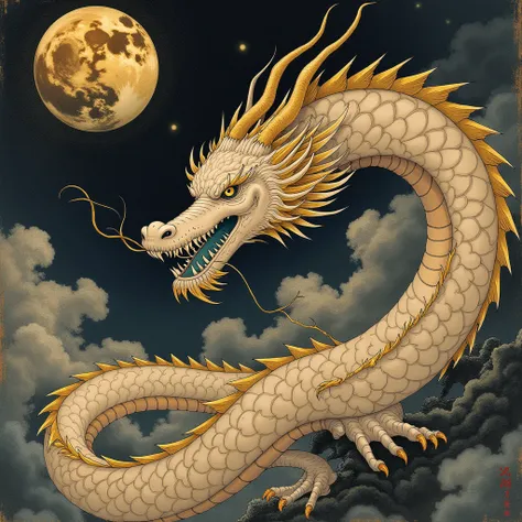 A traditional Japanese-style painting of a dragon, with intricate details and a dark, moody atmosphere.