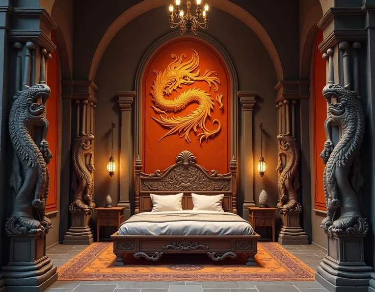 epic medieval bedroom , On the sides of the bed there are wooden pillars with carved dragons and with orange dragon painting on wood
