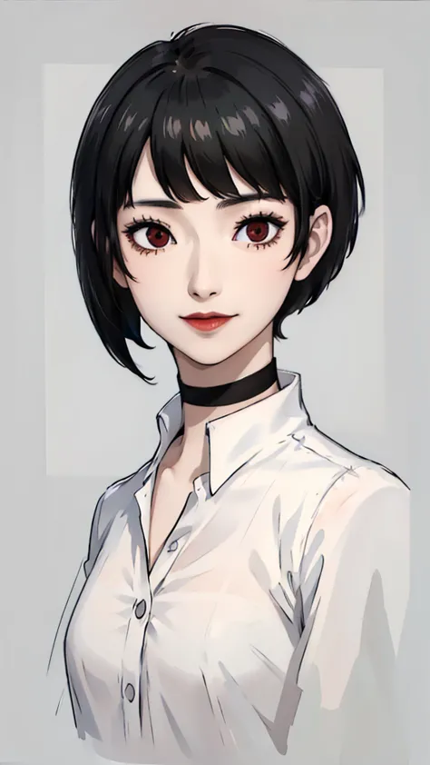 1 girl, very short hair, tomboy pixie haircut, black hair, red eyes, black lipstick, black lipstick, face portrait, black choker...