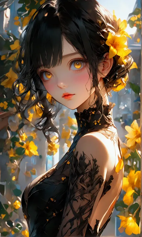 Ultra resolution, Best Masterpiece, Anatomically correct, Accurate, Ultra quality, HD model, Super detail, Ultra HD, Ultra realistic, perfect hands, detailed hands, perfect body, detailed body, 4K, 8K, Realistic anime, Black dress, black hair, yellow eyes