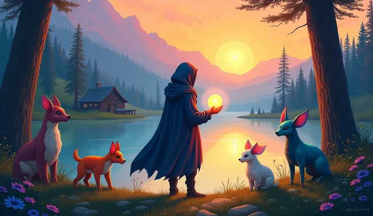 "A vibrant, colorful fantasy landscape with a single traveler character in a hooded outfit holding a glowing orb. Surrounding the traveler are 3-4 cute, mystical creatures with bright colors and unique features, resembling small animal companions with big ...