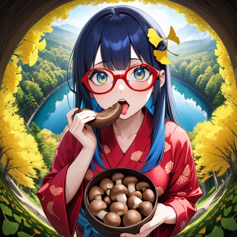 (best masterpiece, high resolution: 1.5), (8K, RAW photo, fisheye effect, perfect anatomy, golden ratio: 1.3), pointillism, professional photography, gaze, lone Japanese idol, (real: 0.5 ), (Eating shiitake mushrooms with stems: 1.5), (Ginkgo pattern, red ...