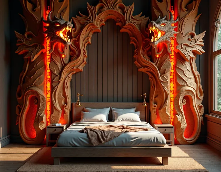 epic medieval bedroom , On the sides of the bed there are wooden pillars shaped like a dragon and with orange dragon painting on wood
