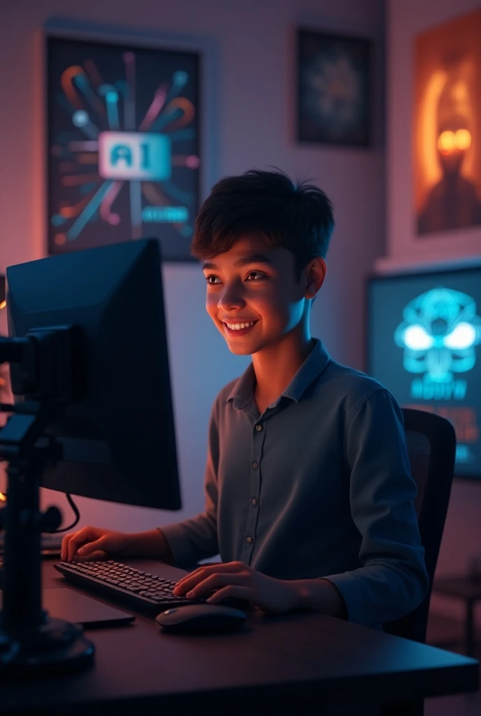 "A 19-year-old boy sitting in front of his computer, appearing as a young tech content creator. Hes surrounded by a professional setup, including a camera, lighting, and a stylish background with his channels branding that says Aditya AI Vibes. The backgro...