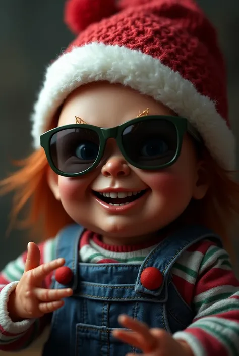 Chucky wearing Christmas cap ,  sunglasses smiling happily 