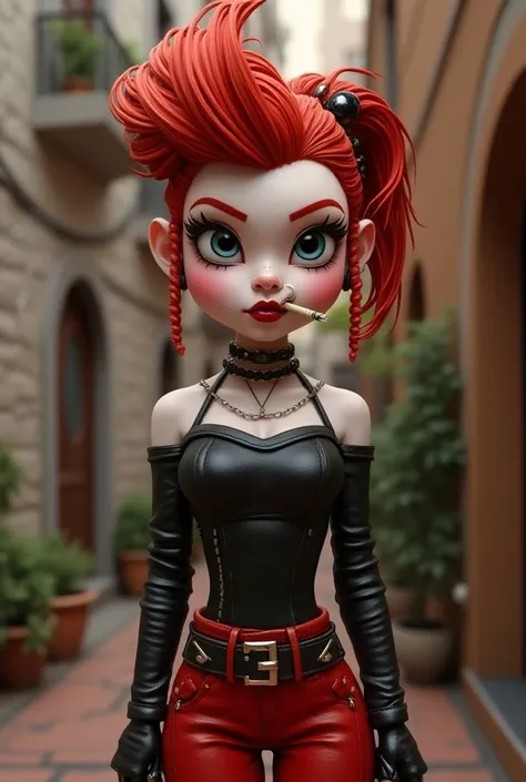 Create an image of a 3D Disney character with Marsala hair with red side locks,short,Chanel beaked hair .Red eyebrows,white pele, piercings on the side of the nose and jellyfish above the lips and wideners on the ears,smoking a marijuana joint with long bl...