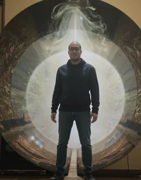 male,  stand in front of an otherdimensional portal , 光が渦巻く,  pose that draws you, Reflected Light, grow,  spatial distortion ,  surreal world where light swirls , A strange feeling