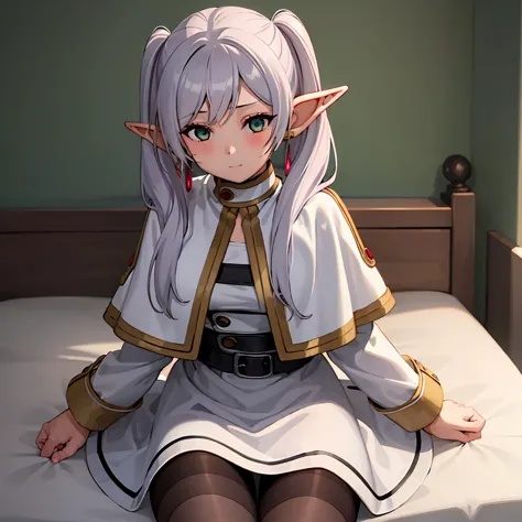 1 girl,  twin tails,  very long hair ,  silver hair,  pointed ears, elf,  white capelet, green eyes,  black pantyhose ,  earring...