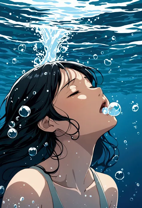  anime-style image of a girl of Asian descent unable to hold her breath while swimming at the bottom of the lake. black hair flowing.  She appears to be breathing out or struggling underwater ,  with some bubbles escaping from her mouth . Shes closing her ...