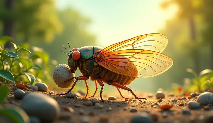 Cicada working carrying rocks and leaves in the sun  