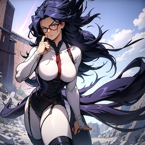 [nemuri kayama, female, tone, large breast] [dark purple long hair, sky blue eyes] [red framed glasses, white bodysuite, black c...