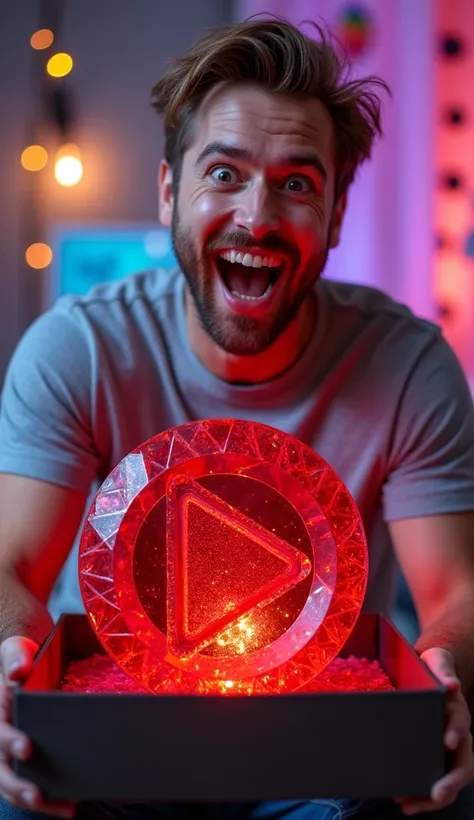 Create an image featuring a Mr Beast with light brown hair, a trimmed beard, and an expressive, excited face. He is holding a large, ruby-red play button trophy in front of him, its intricate, crystal-like structure catching the light. The setting is a wel...