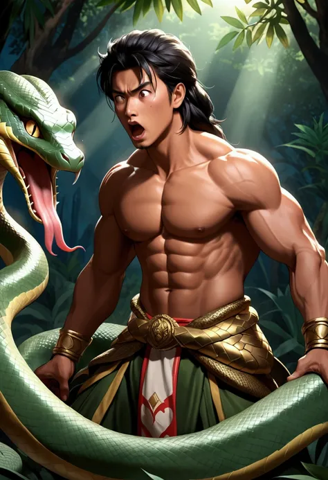 After a sexy female naga rips off a male warriors pants, he is shocked to see his penis has become a snake.