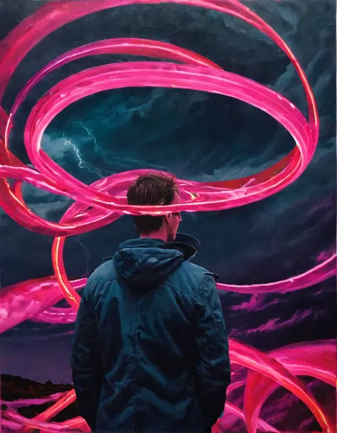 Chad is standing in front of a large piece of abstract art. The art is titled "In the Loop:0.0". The piece features several interconnected rings or loops painted in bright, inviting colors. The colors are predominantly pink. Chad is looking at the art with...