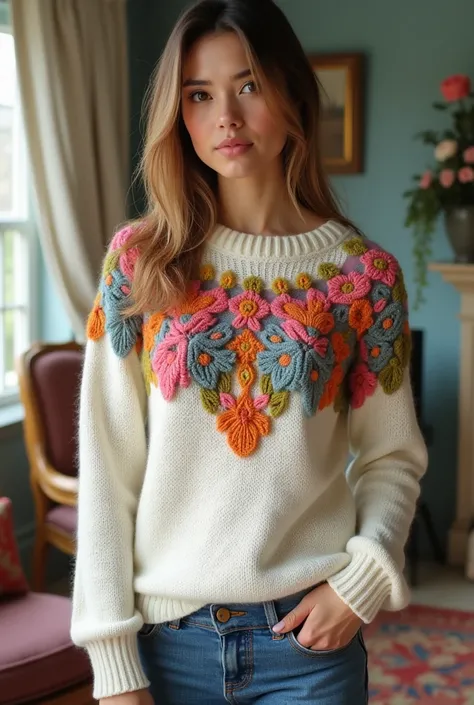 "A woman is wearing a beautifully handmade woolen sweater with an intricate 3D design in various vibrant colors, set against a pure white base. The design showcases textured patterns that add depth and artistry, highlighting the craftsmanship of the sweate...