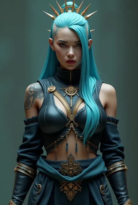 A beautiful, attractive bold & sculp no hair monk girl, a native monggol facial features, wearing cyberpunk design  complete armor, a nice & clean bold no hair sculp head, Aqua blue sculp hair color,  treasure quality clothing color, (wearing a native mong...