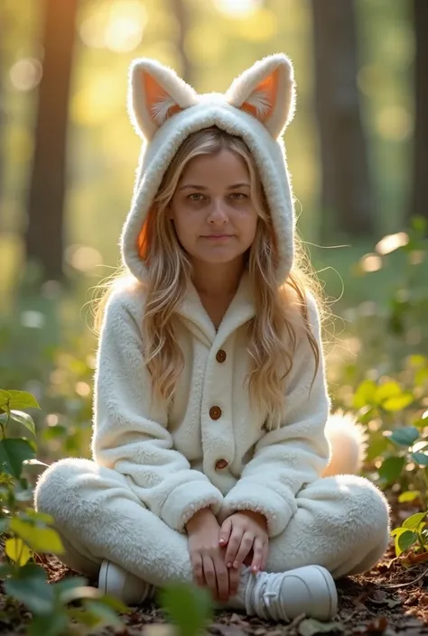 A high quality professional photo, in 4K resolution, captured in realistic detail ,  wearing white fuzzy pajamas with fox ears and tail.   She is sitting in the middle of an enchanted forest  ,  where each element is portrayed with perfection . The texture...