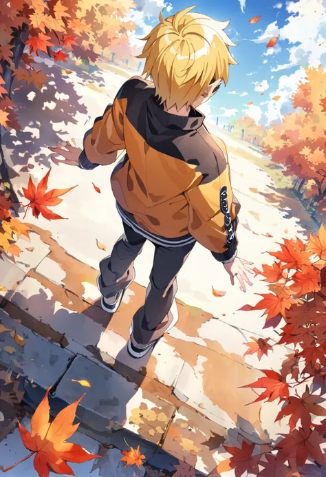 Watercolor colorful,standing in the middle of rich autumn leaves and blue sky,boruto,boy,,solo,blonde hair,spicky short hair,back view,full body,autumn,boruto uzumaki