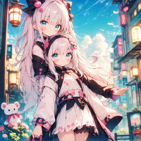 anime style. Cute chibi, adorable girl with pink, yellow and baby blue color scheme. She wears clothes with clouds and sky motifs. She features unusual poses, teasing gestures, and hugging a giant stuffed animal, as well as fluffy and soft costumes, as wel...