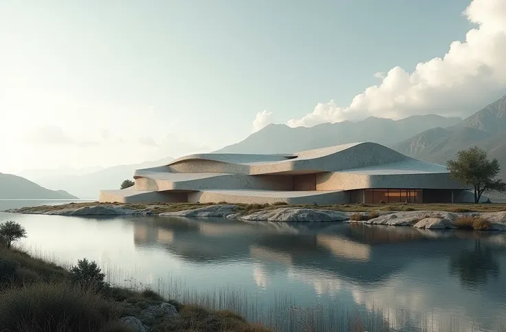 GIVE ME a panoramic view of A MUSEUM WITH its concept which is CLOUD COVER, THAT IS LOCATED NEAR A LAKE, with a management of adaptation to the terrain (50% buried 50% unburied) that has a noticeable slope AND HAS THE SHAPE OF INTERSECTED BOXES and with di...