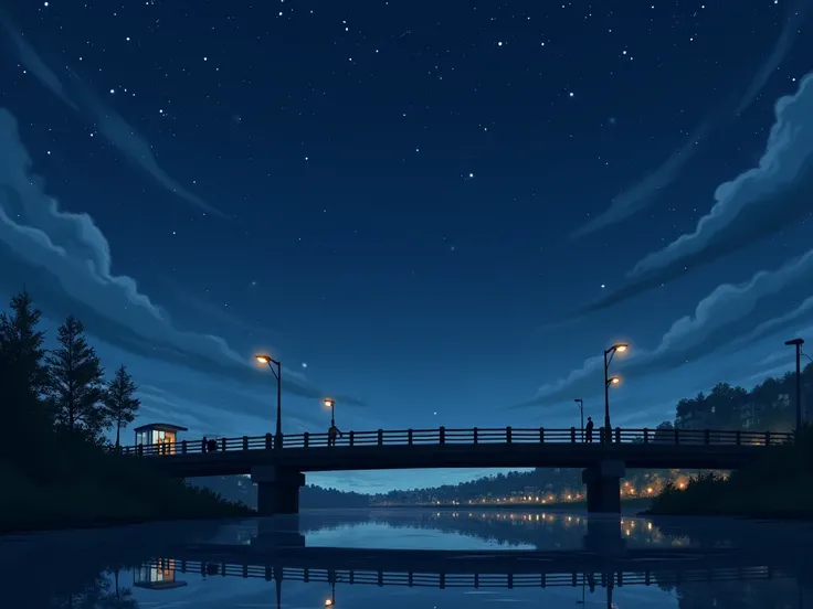  river bridge night scene with traffic light,  concept art inspired by Makoto Shinkai , pixiv,  concept art , ( (  makoto shinkai  ) ),  random background scene , style of  makoto shinkai , anime background , in style of  makoto shinkai , beautiful anime s...