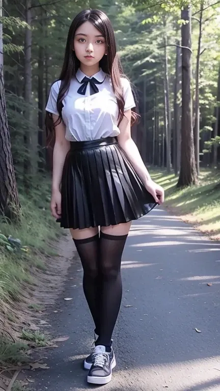 Full body, Mean beautiful young schoolgirl , beautiful teen face, short black leather skater pinafore, a teen girl wearing in a short black silk pleated pinafore, silk pleated skirt, wearing in a white blouse, with short puffy sleeves, puffy sleeves. red s...