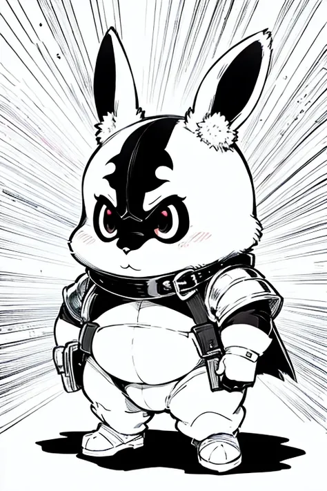 A Chibi Fat-Deadpool character, drawn in a simple, clean black-and-white line art style for coloring. The rabbit is wearing armor, holding a small sword or shield, with large, expressive eyes and exaggerated, cute features typical of the chibi style. No sh...