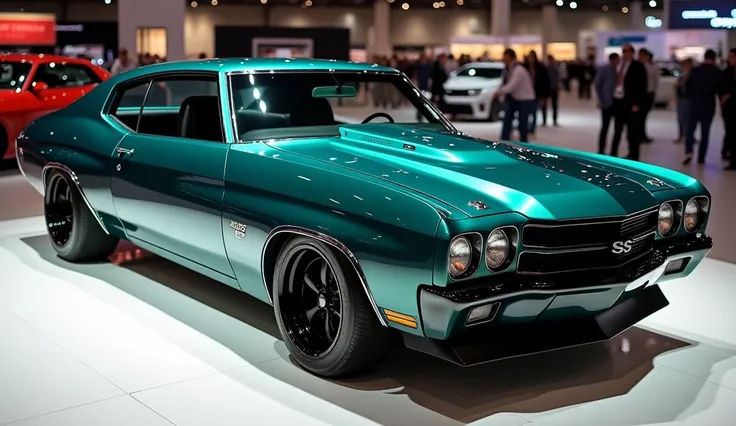 [Custom-built 1970s Chevrolet Chevelle SS, displayed at an auto show, sleek and powerful, exuding luxury and a sense of classic American muscle car reimagined.], [Digital painting, photorealistic rendering], [Reference to classic Chevy Chevelle SS design, ...