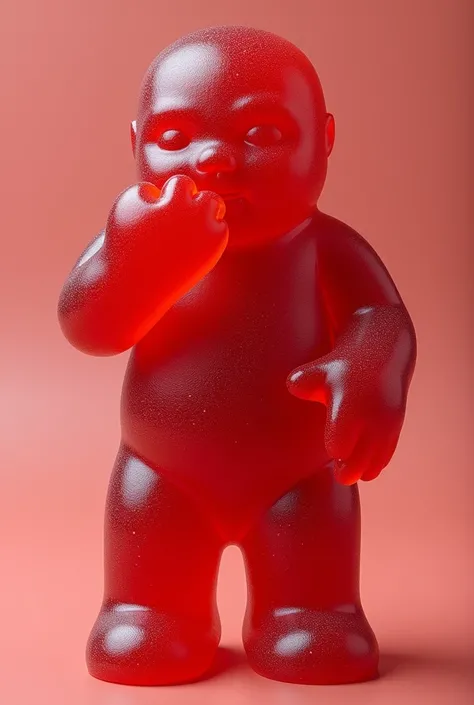 Humanoid type gummy with a slightly breaded appearance, totally red ,  eating its own arm because of how rich it is 